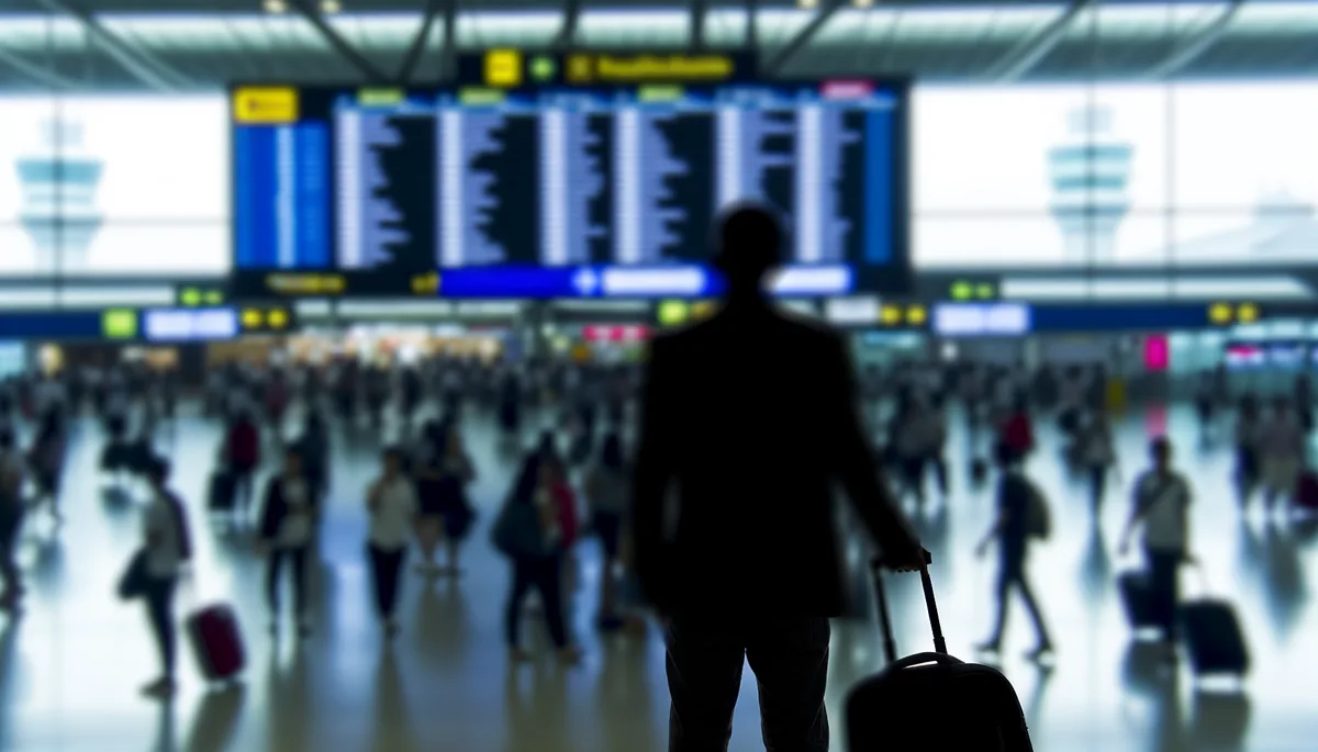 Silhouette of a traveler standing in a busy airport terminal with departure boards and crowds in the background, conveying travel challenges and frustrations