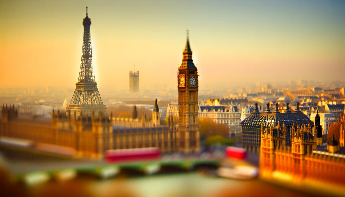 Panoramic view of iconic European landmarks including the Eiffel Tower and Big Ben in a dreamy composite cityscape during golden hour