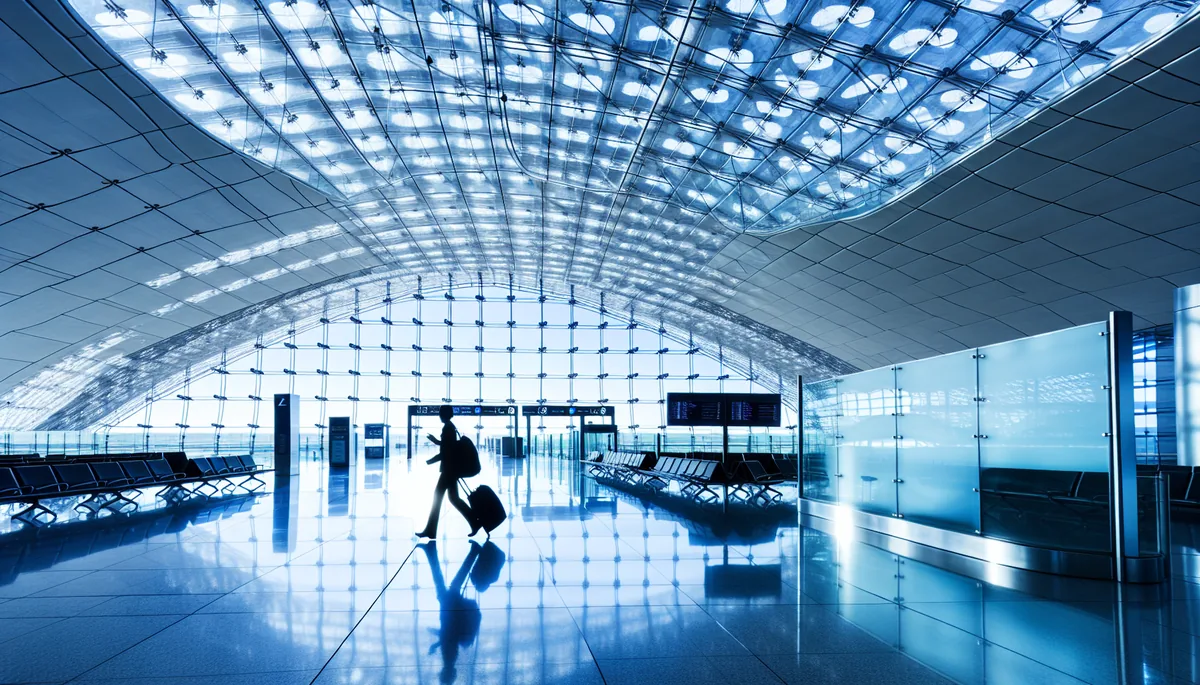 Silhouette of a traveler walking through a modern airport terminal with glass architecture and natural lighting