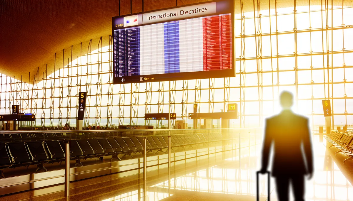 Silhouette of a traveler at an airport departure gate with international destinations in the background, captured in warm golden lighting