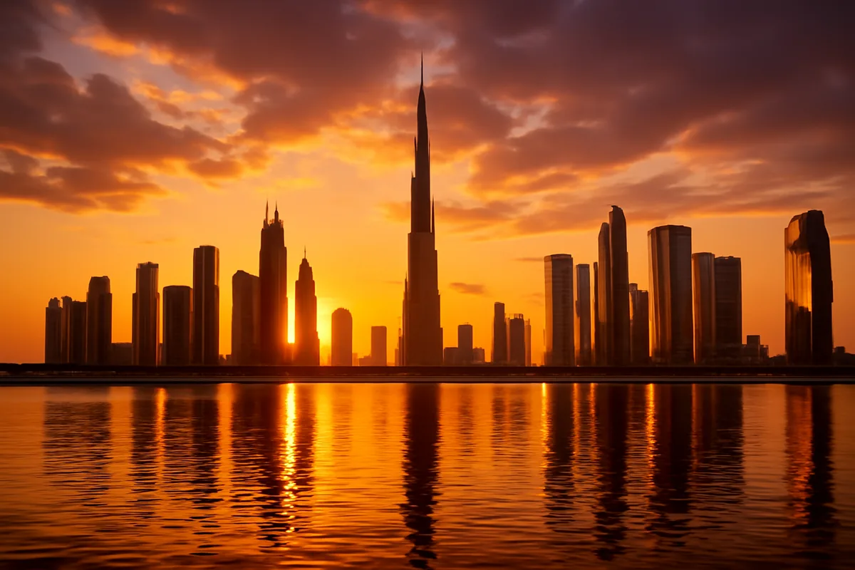 Dubai skyline at sunset with the Burj Khalifa and modern skyscrapers reflected in the calm waters of Dubai Creek, bathed in warm golden hour light