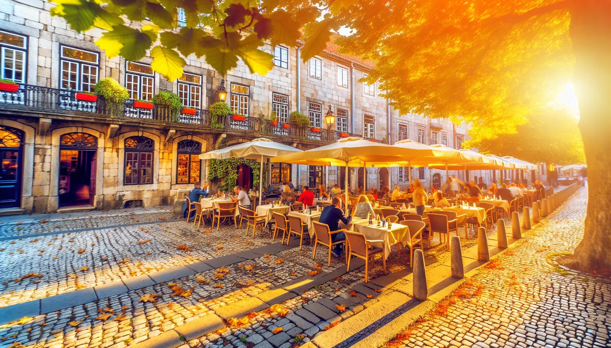 Travelers sitting at outdoor café tables on a charming European cobblestone street with historic buildings and dappled sunlight