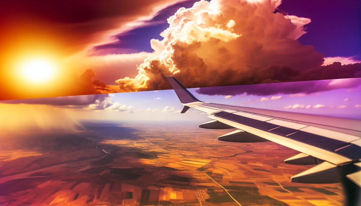 Aerial view from airplane window showing wing over landscape transitioning from European terrain to exotic destination at sunset