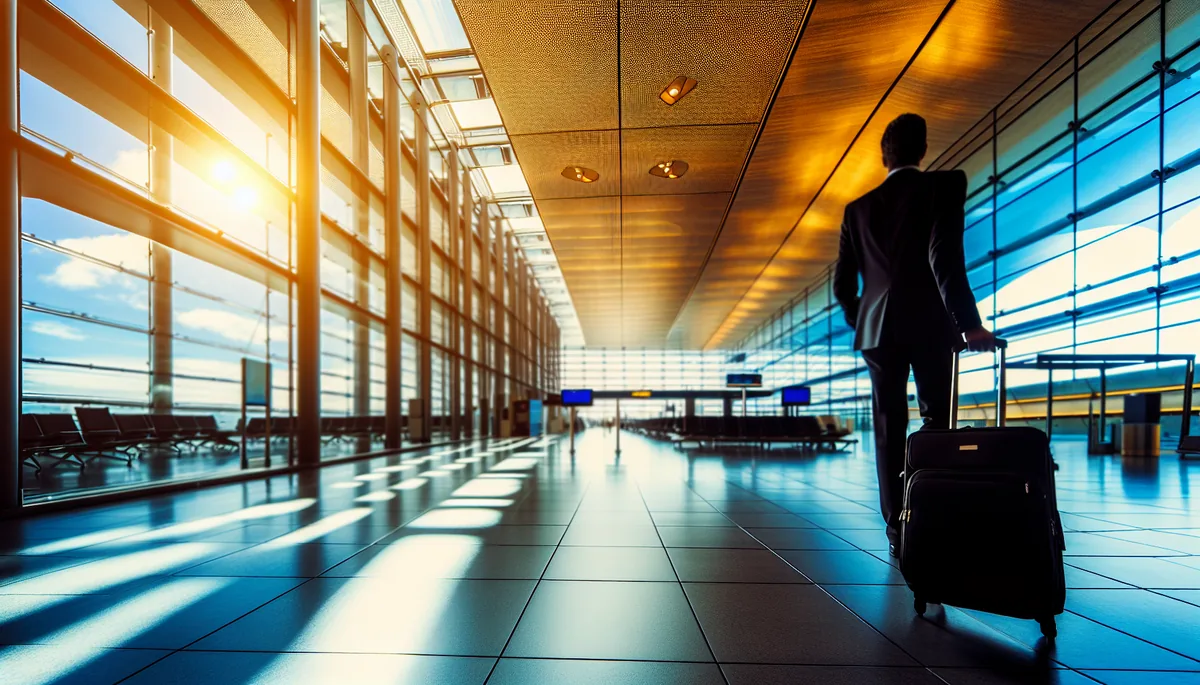 Silhouette of a traveler with luggage walking through a bright, modern airport terminal with large windows