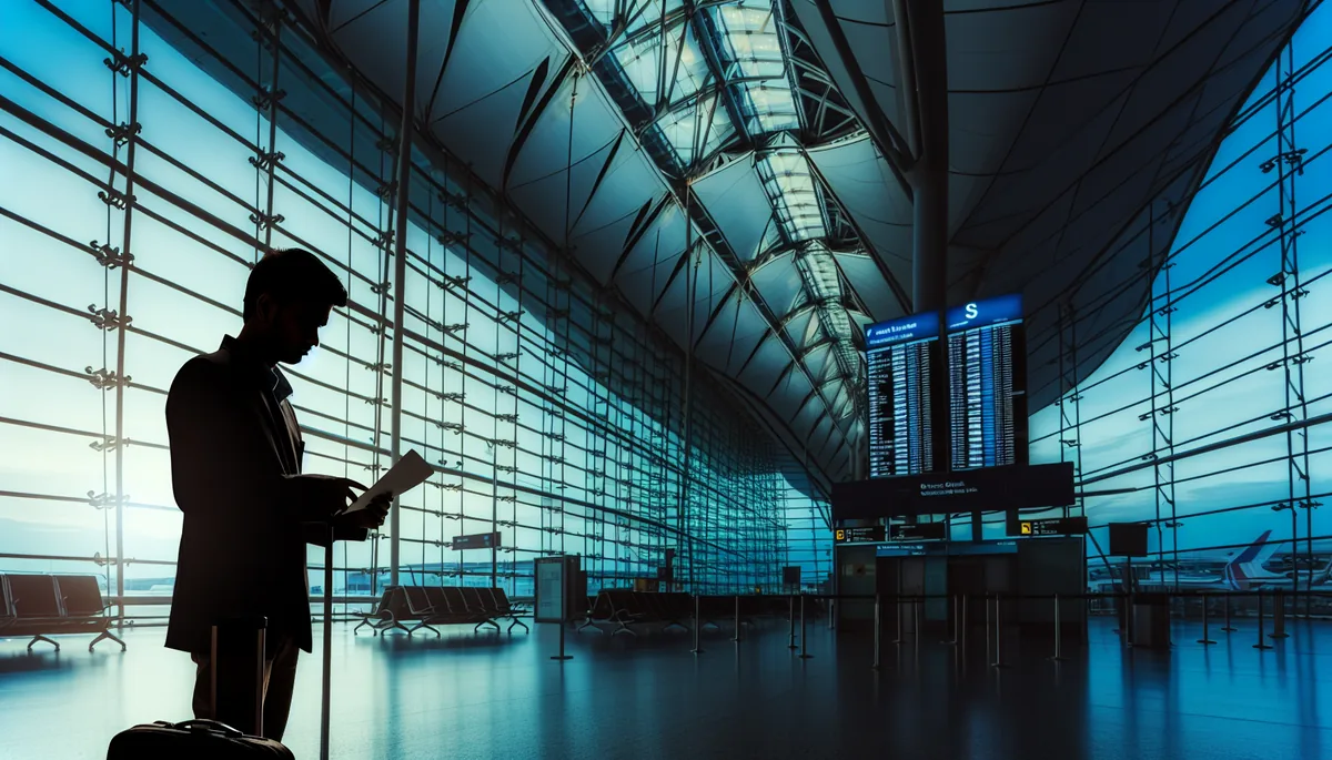 Silhouette of a traveler at an airport terminal, suggesting the stress and preparation involved in international travel