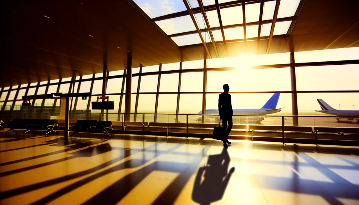 Silhouette of a traveler standing at an airport departure gate with airplanes visible through large windows during golden hour