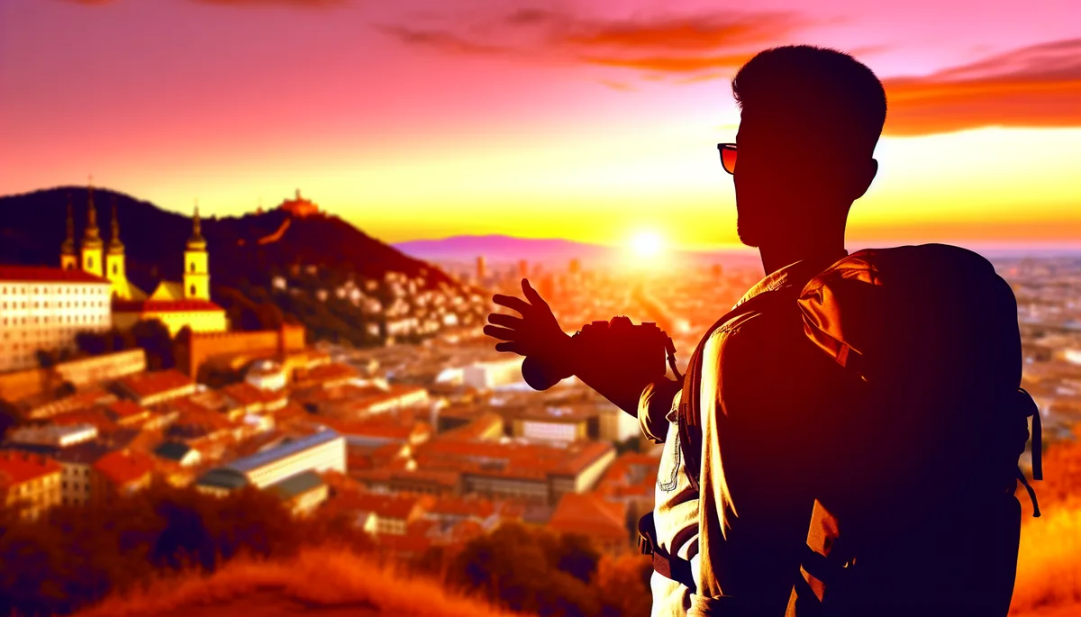 Silhouette of a traveler with backpack overlooking a European city skyline during golden hour sunset