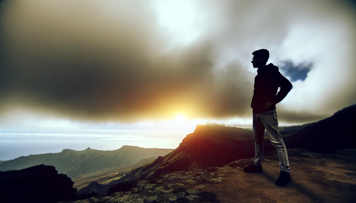 Silhouette of a traveler standing alone at a mountain viewpoint under a dramatic cloudy sky, conveying the challenges and uncertainties of travel connectivity