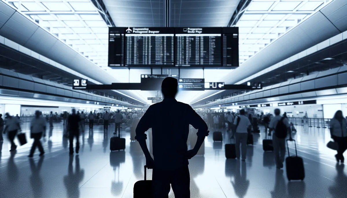 Silhouette of a traveler standing in a busy airport terminal with departure boards and crowds blurred in the background, conveying travel challenges and uncertainty