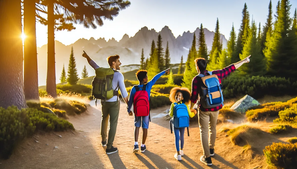 Family of four hiking together on a scenic mountain trail with backpacks, surrounded by pine trees and mountain peaks in golden hour lighting