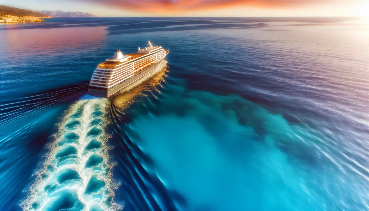 Aerial view of a white cruise ship sailing through deep blue ocean waters during golden hour, leaving a white wake trail behind