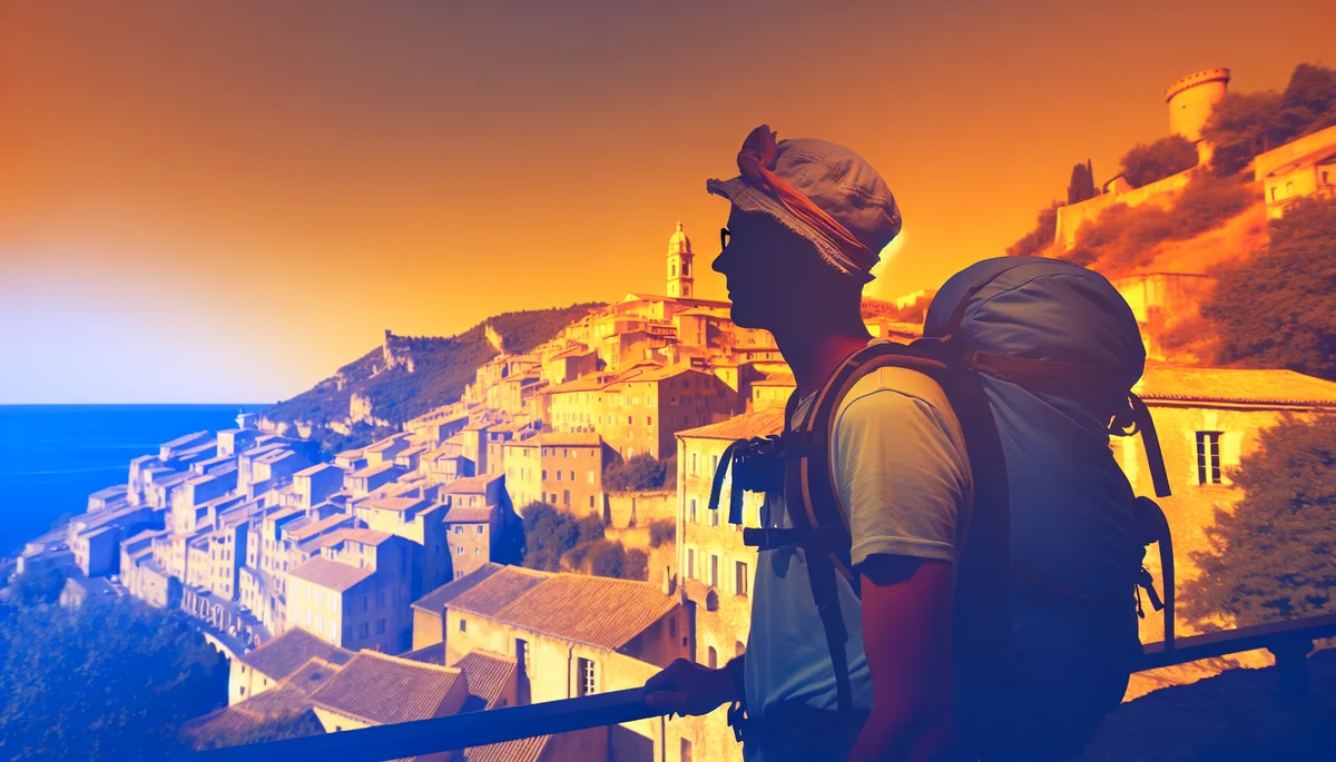 Silhouette of a traveler with backpack standing at a scenic overlook, viewing a panoramic European cityscape during golden hour