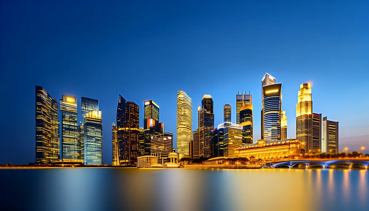 Modern Singapore business district skyline at dusk with illuminated skyscrapers reflecting in Marina Bay waters