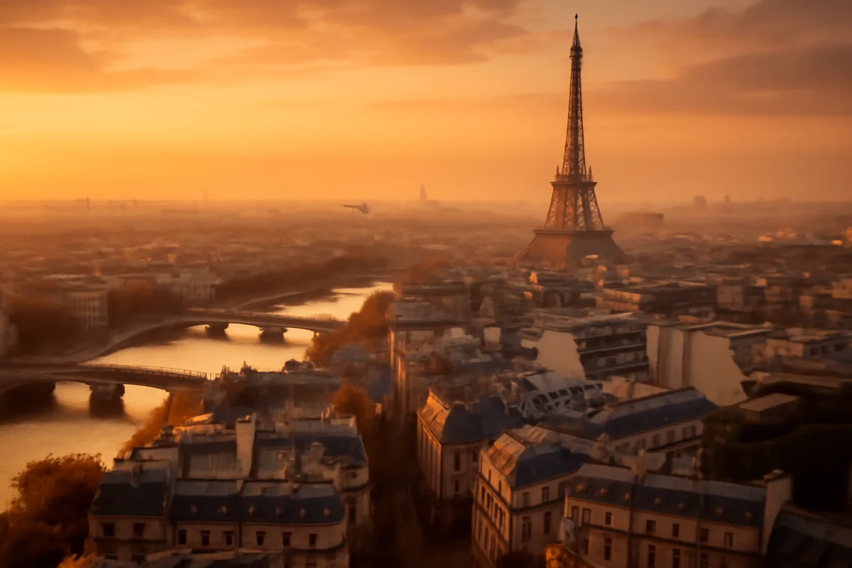 Aerial panoramic view of Paris at golden hour with the Eiffel Tower rising above the city's classic rooftops and the Seine River reflecting warm sunset light