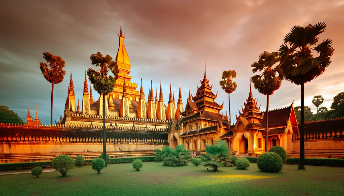 Golden Southeast Asian temple with ornate spires surrounded by lush tropical vegetation during golden hour
