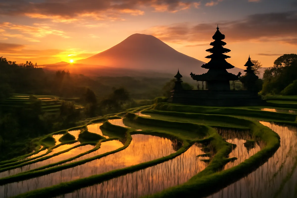 Terraced rice paddies in Bali, Indonesia, with a traditional temple silhouette and dramatic golden sunset sky reflecting on the water-filled fields