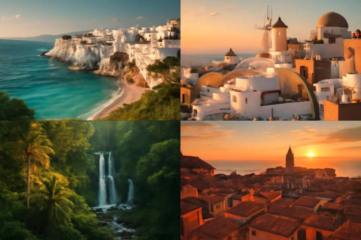A breathtaking summer travel scene featuring a turquoise Mediterranean coastline with a white cliffside village bathed in golden hour light, evoking the best vacation destinations of summer 2026.