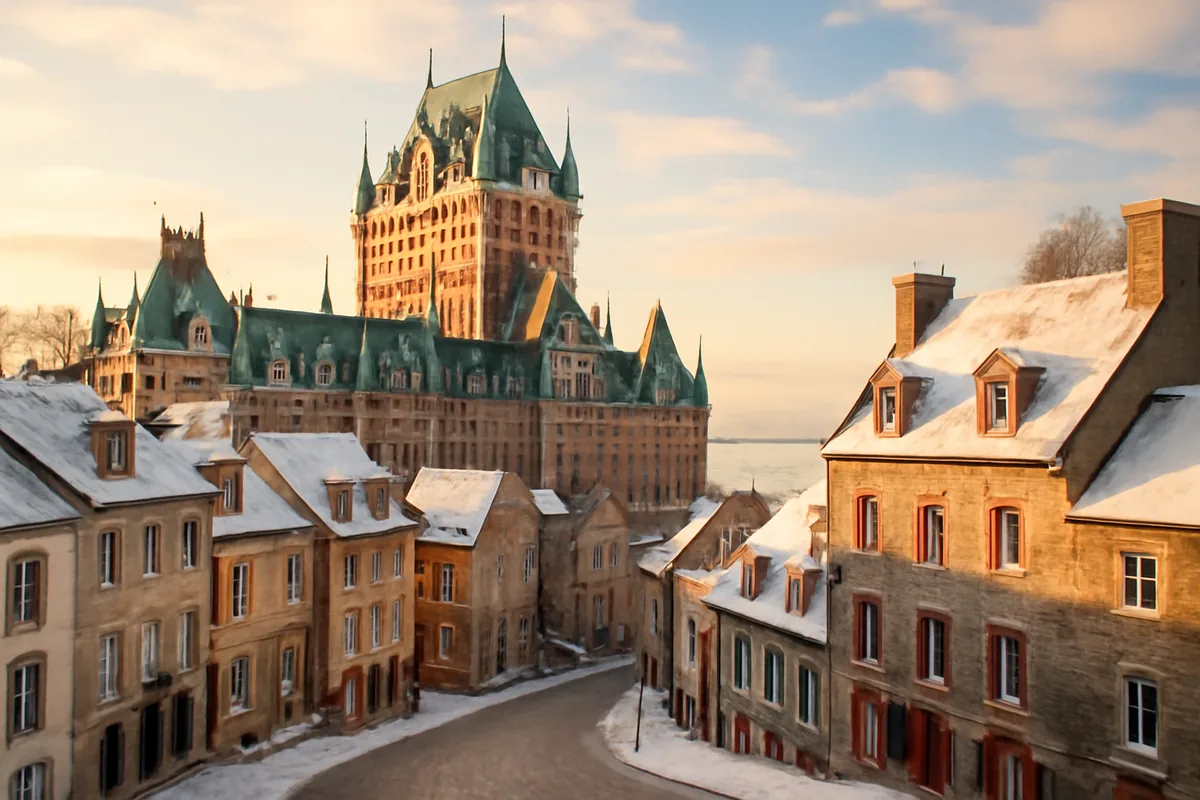 Panoramic view of Old Quebec City featuring the historic Château Frontenac and the Saint Lawrence River under soft golden morning light