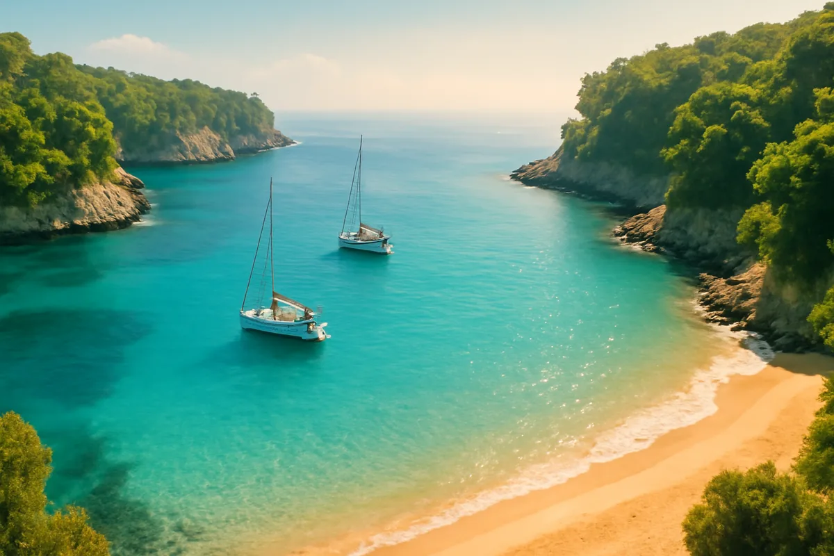 A stunning panoramic view of a turquoise Mediterranean cove with sailboats, golden sandy beach, and lush green cliffs bathed in warm summer sunlight