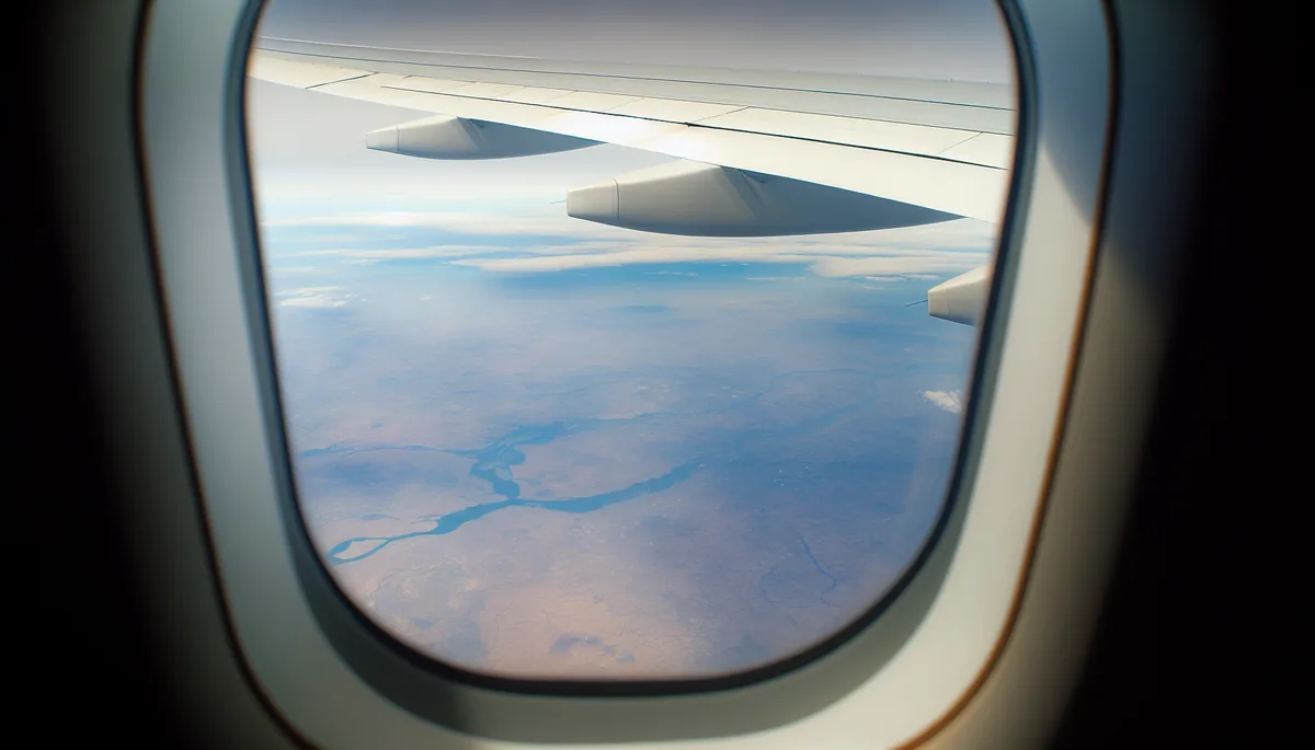 View from airplane window showing wing and landscape below during international flight, representing travel between countries