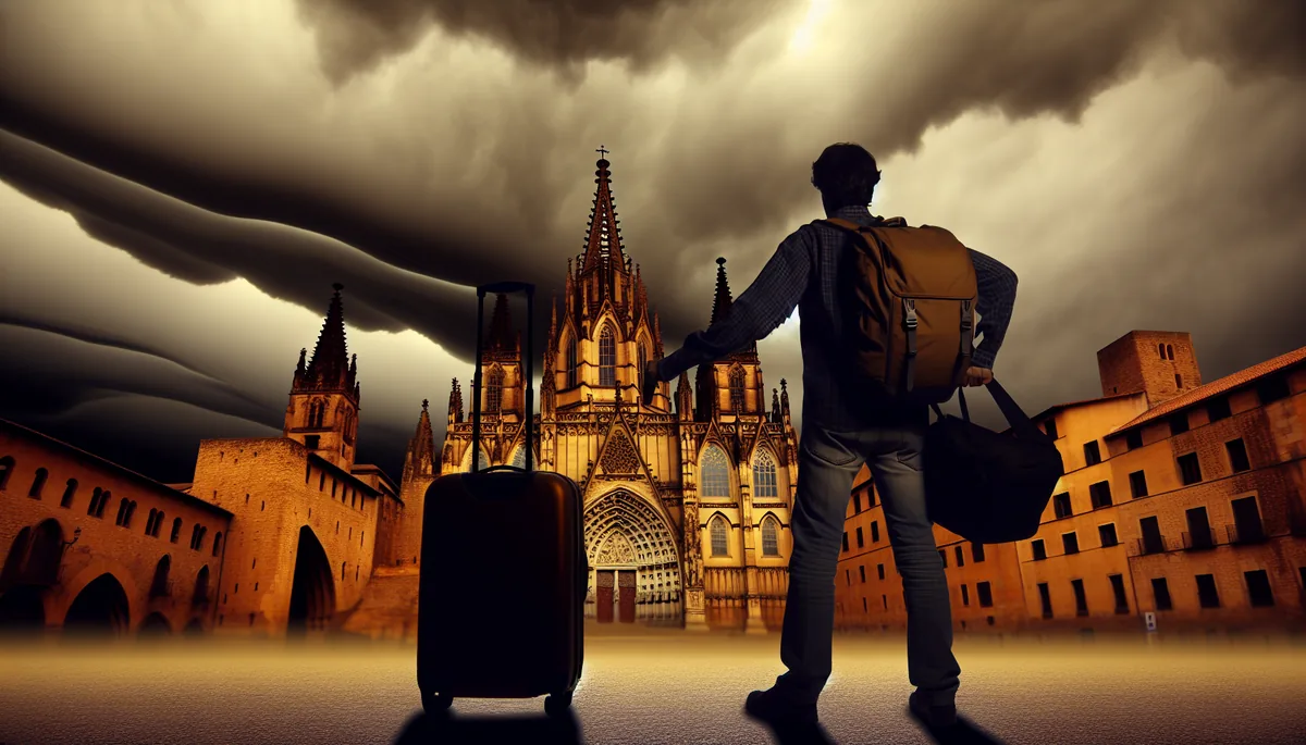 Silhouette of a traveler with luggage standing before a European landmark under dramatic stormy skies, conveying travel challenges