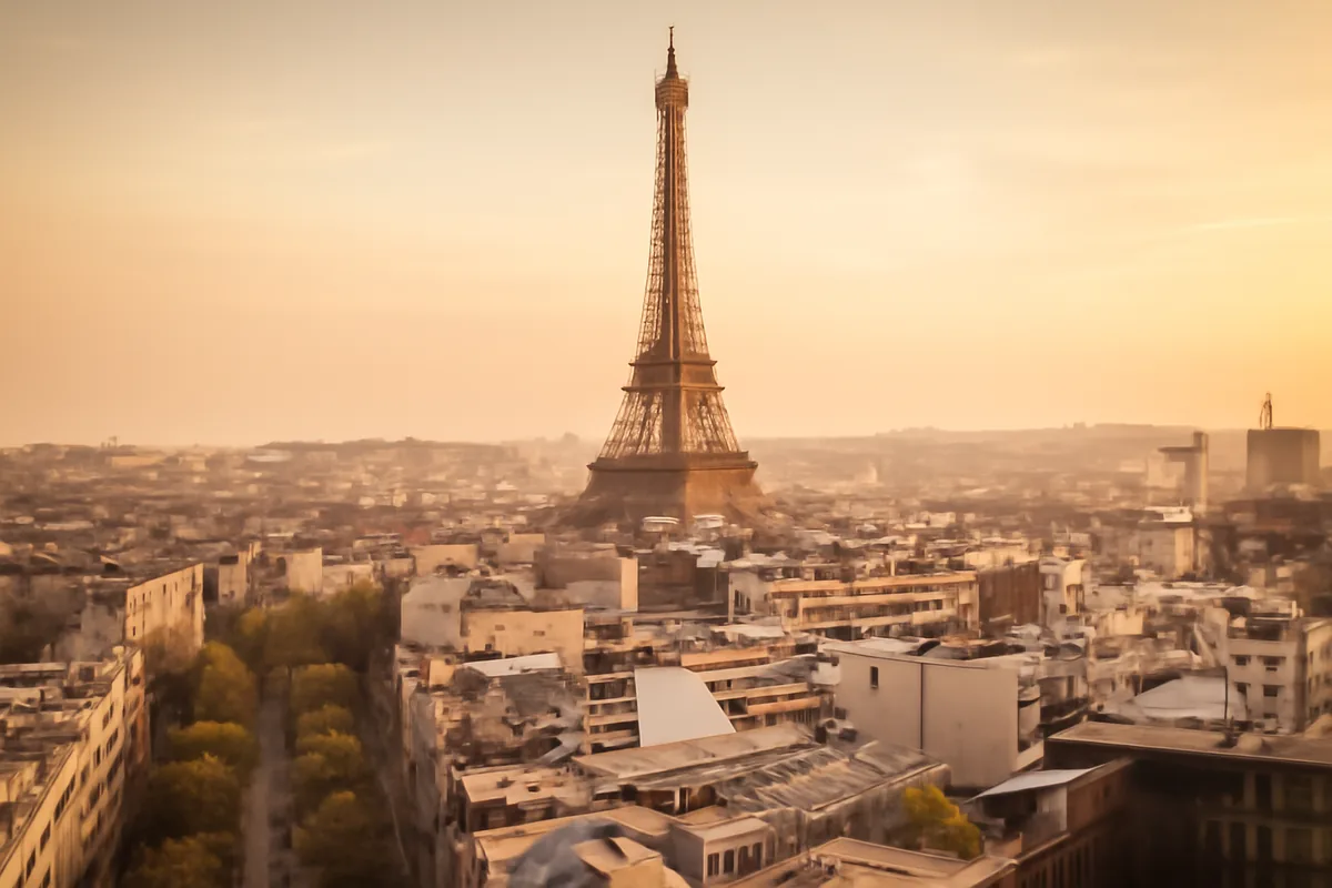 The Eiffel Tower seen from a wide Parisian boulevard lined with classic Haussmann buildings and trees, bathed in warm golden hour light