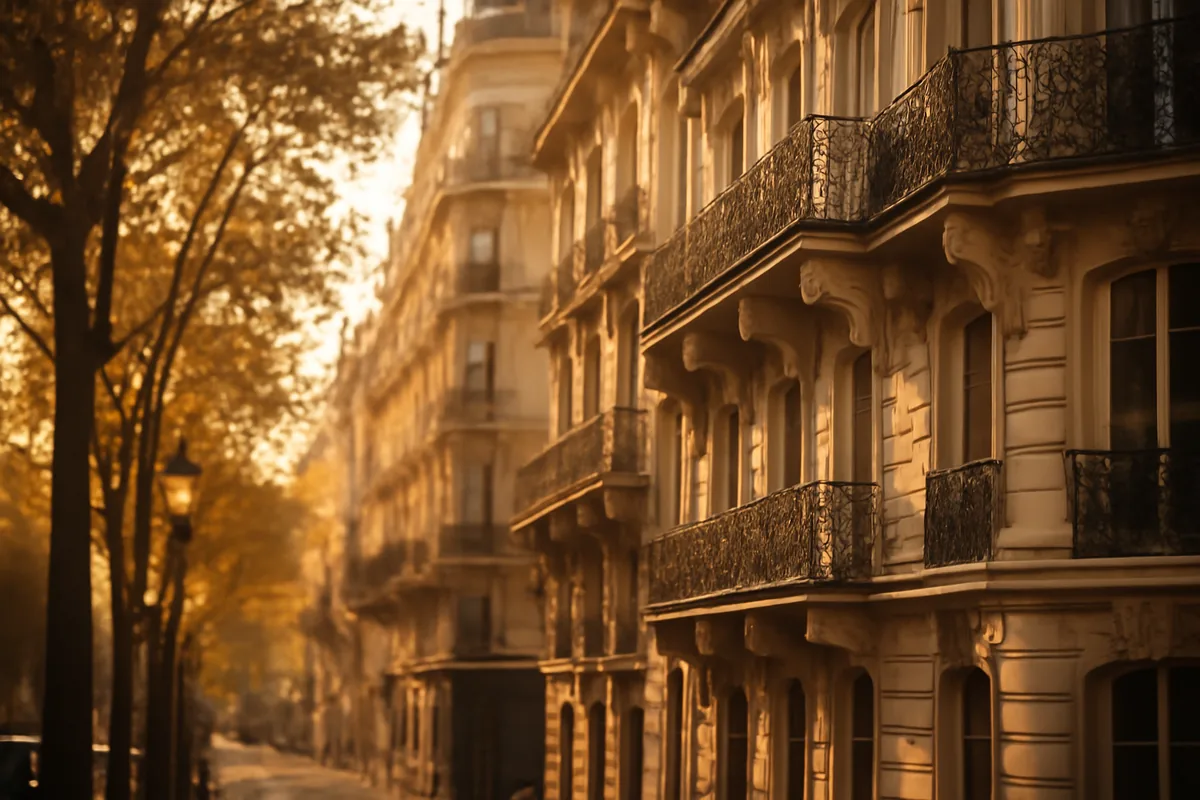 Beautiful Parisian street with classic Haussmann-style buildings, ornate balconies, and golden hour lighting filtering through trees