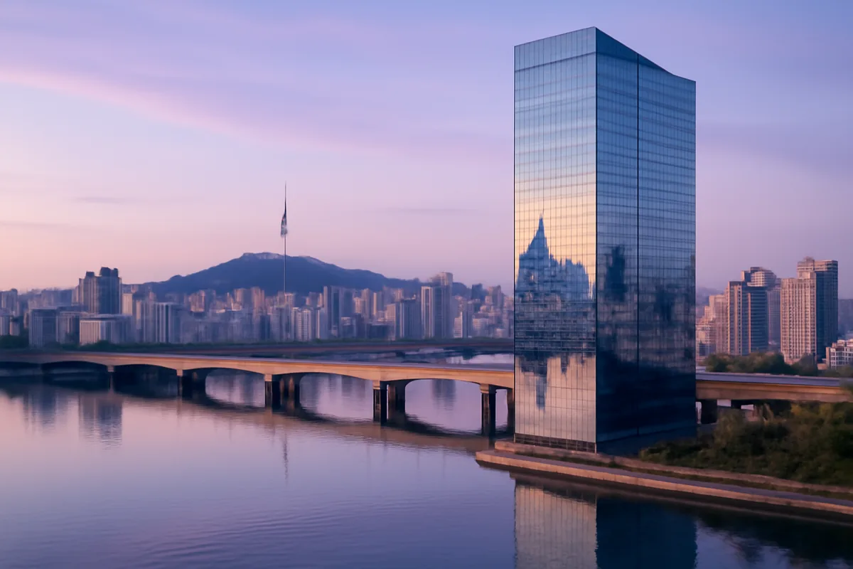 Modern Seoul cityscape with glass skyscrapers reflecting the evening sky over the Han River