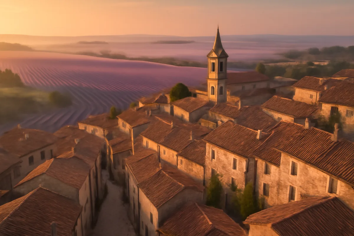 Aerial view of a picturesque French village surrounded by lavender fields bathed in warm golden hour light
