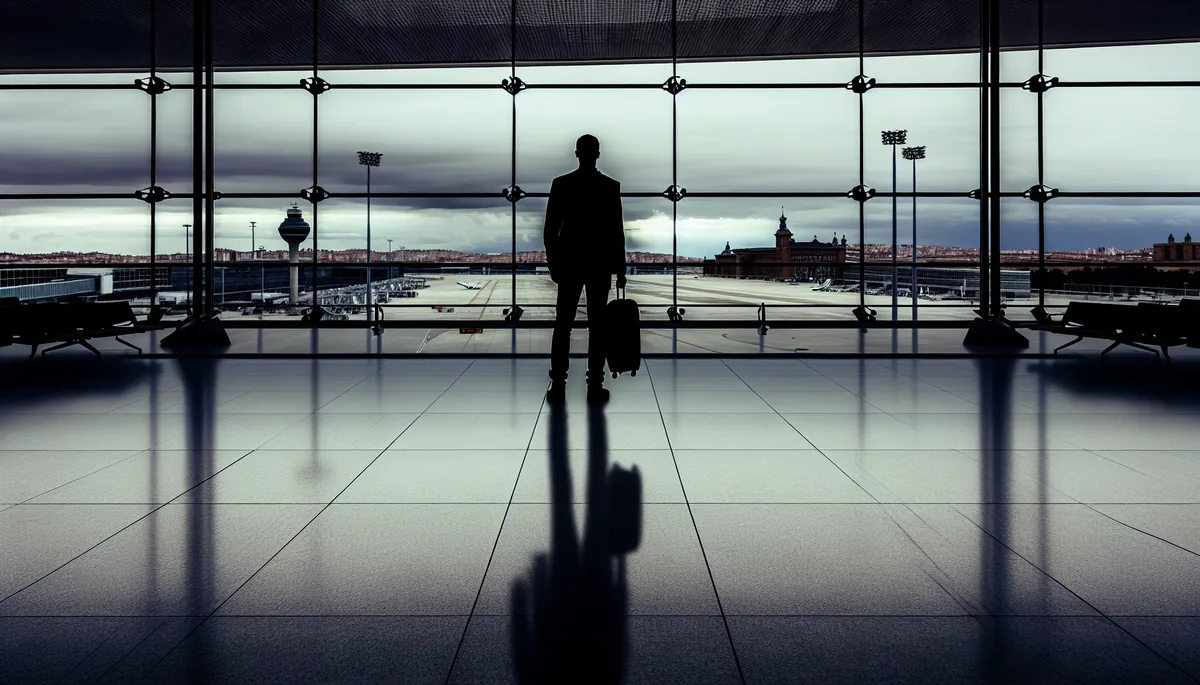 Silhouette of a traveler standing alone at an airport terminal window overlooking Madrid cityscape under an overcast sky