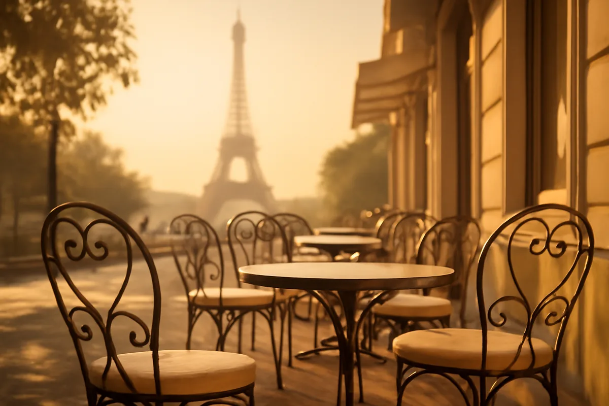 Charming Parisian café terrace with ornate chairs and tables, with the Eiffel Tower visible in the soft, golden-lit background
