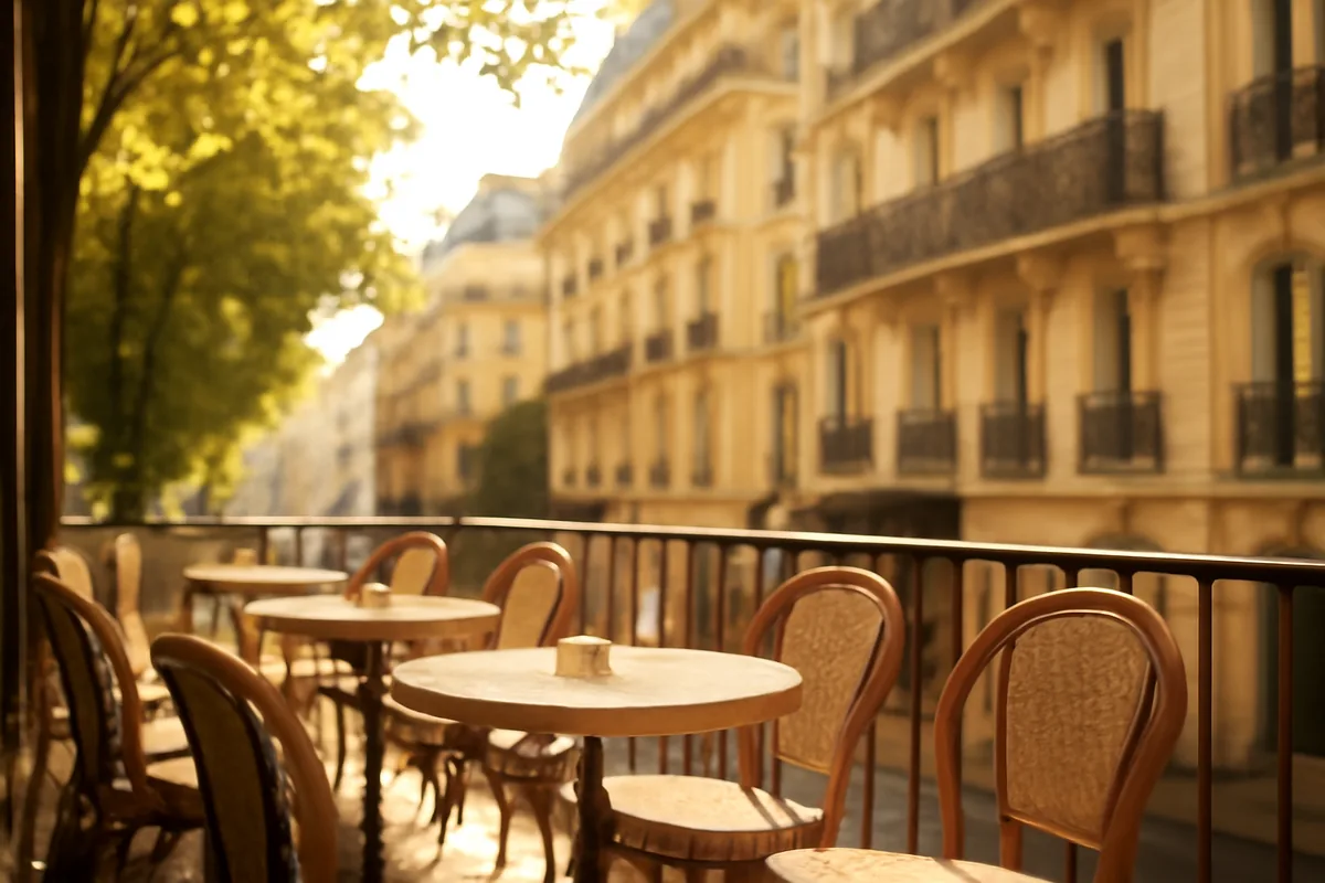 Charming French café terrace with classic Parisian architecture and warm afternoon lighting