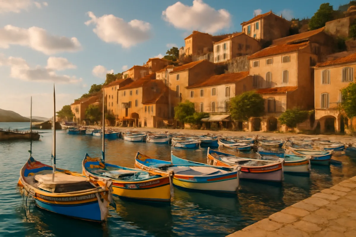 A sun-drenched French coastal village with colorful fishing boats in a harbor, traditional stone buildings on a hillside, bathed in warm golden August sunlight under a bright Mediterranean sky.