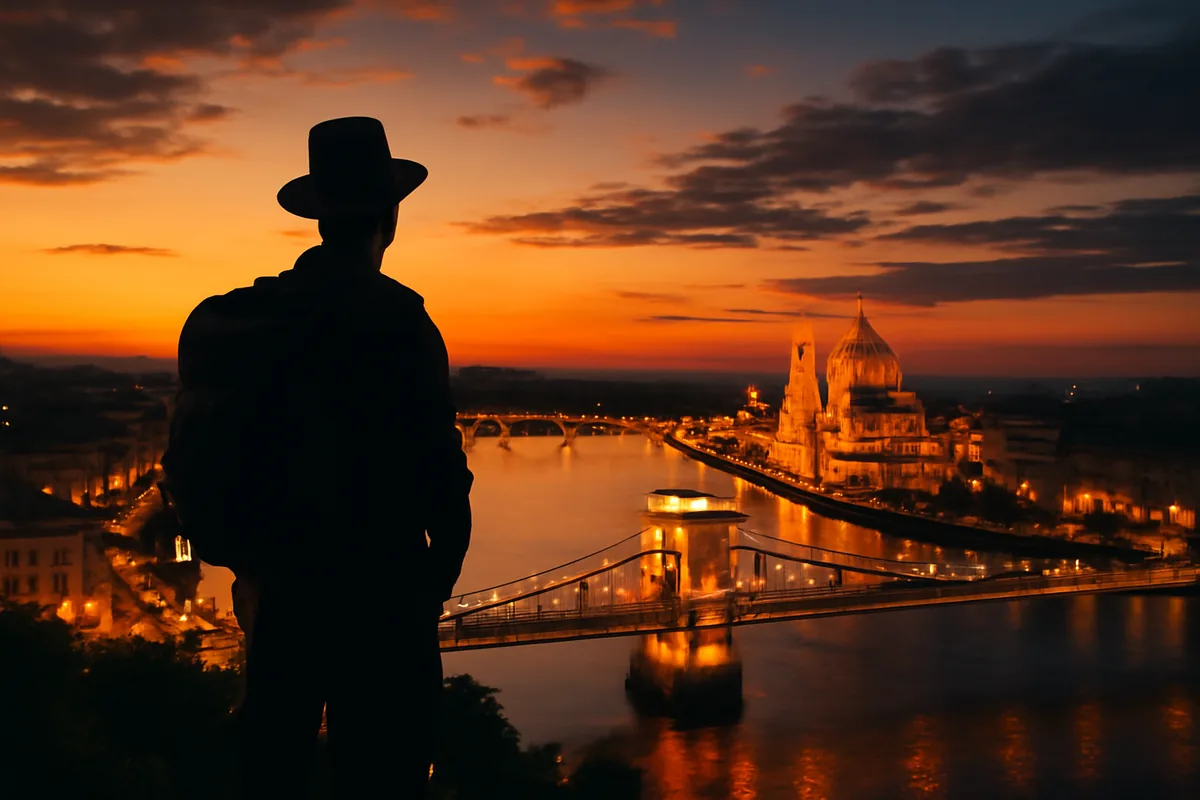 A silhouetted traveler gazing over a beautiful European river city at golden hour, with historic bridges and architecture reflected in the shimmering water below a dramatic sunset sky