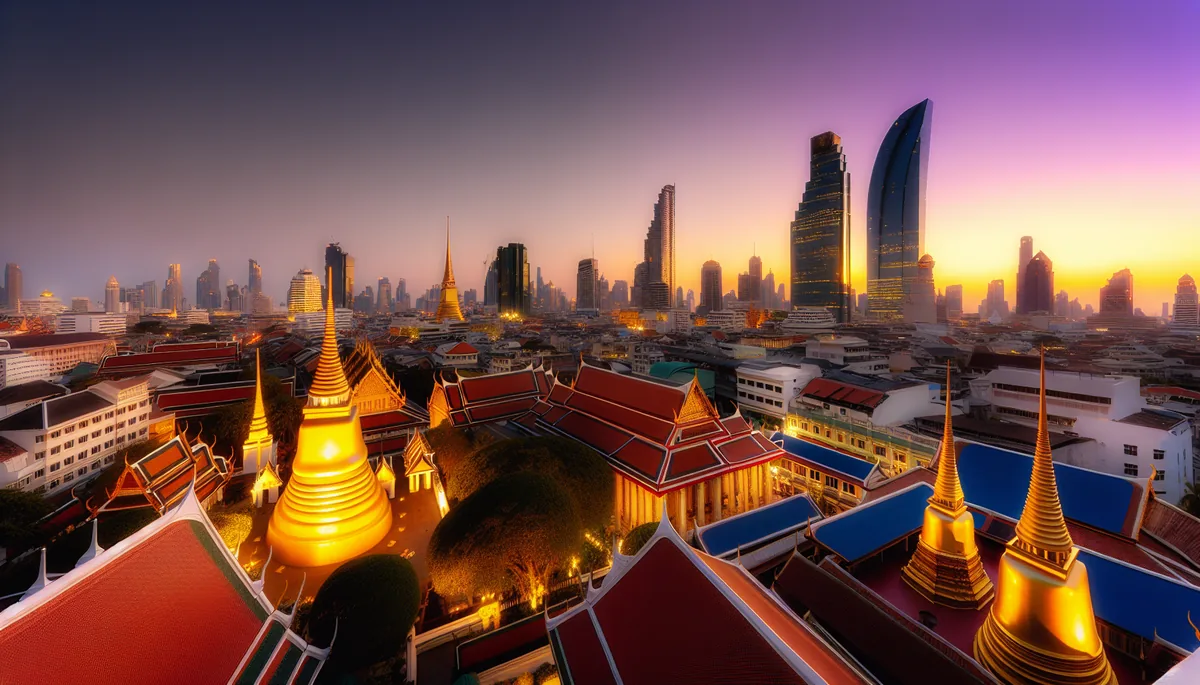 Stunning sunset panorama of an Asian city skyline blending traditional temples with modern skyscrapers, capturing the essence of multi-country Asian travel