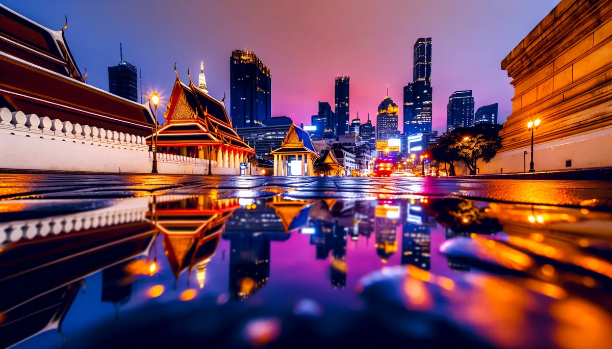 Asian cityscape at twilight showing traditional temples and modern skyscrapers with neon lights reflecting on wet streets