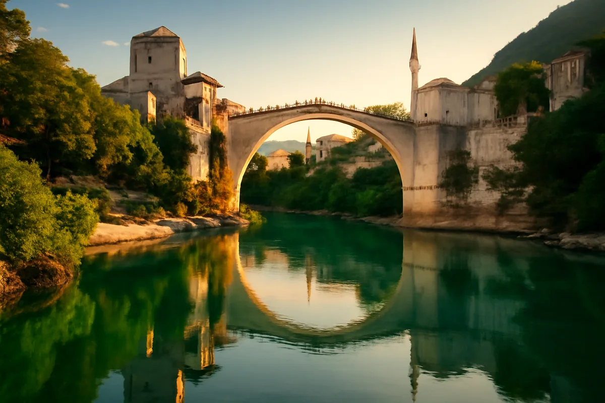 The historic Stari Most bridge spanning the emerald Neretva River in Mostar, Bosnia and Herzegovina, surrounded by traditional Ottoman architecture bathed in golden hour light