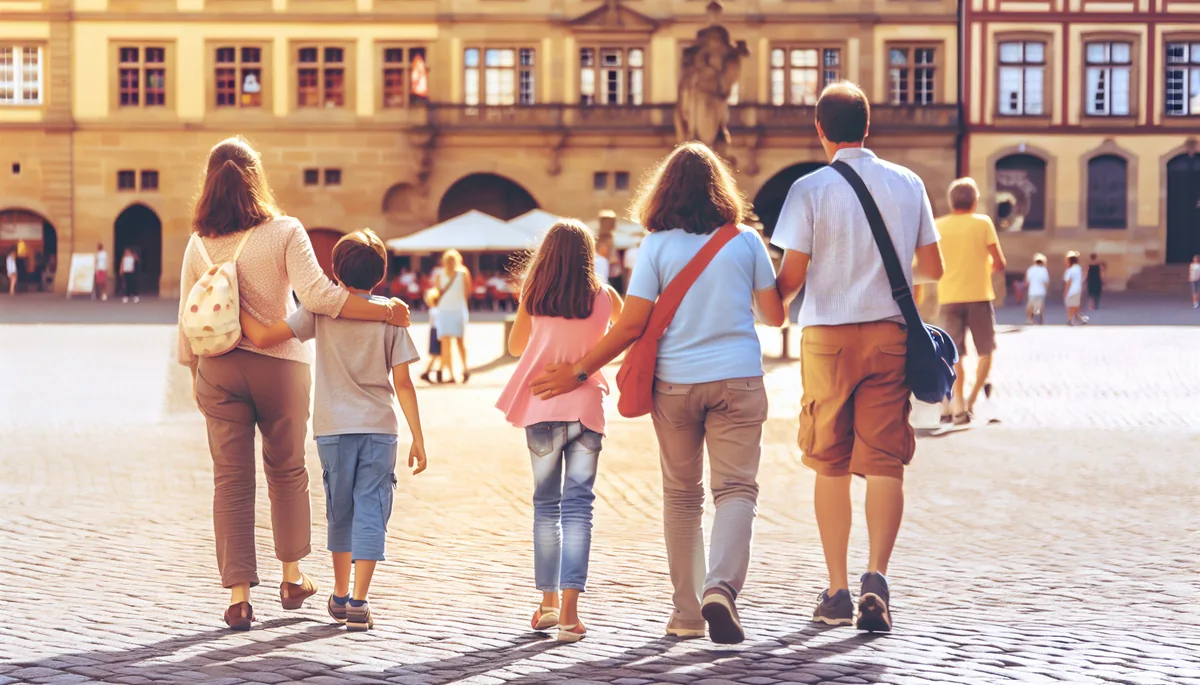 A family with children walking together through a charming European city square with cobblestone streets and historic buildings