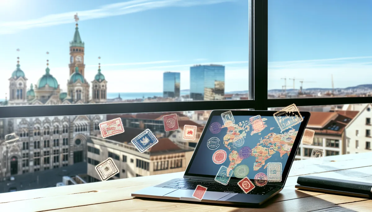 Modern workspace with laptop overlooking a European city skyline from a coworking space, with passports and travel documents on the desk, warm natural lighting
