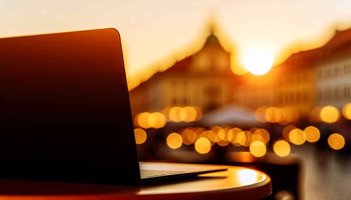 Silhouette of person working at laptop on outdoor cafe terrace overlooking a vibrant European city square during golden hour