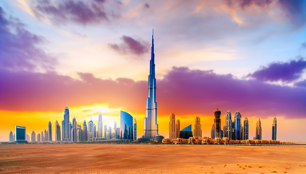Dubai skyline at sunset featuring the Burj Khalifa and modern skyscrapers with desert landscape in the foreground