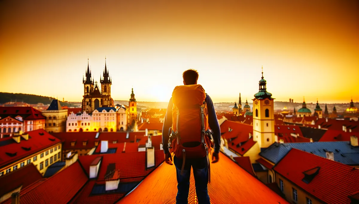 Silhouette of a traveler overlooking a European city with historic architecture at sunset