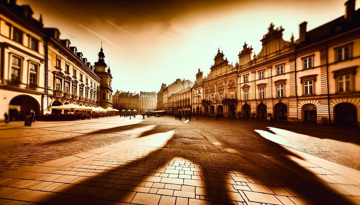 Golden hour view of a European city square with historic buildings, cobblestone streets, and warm autumn lighting