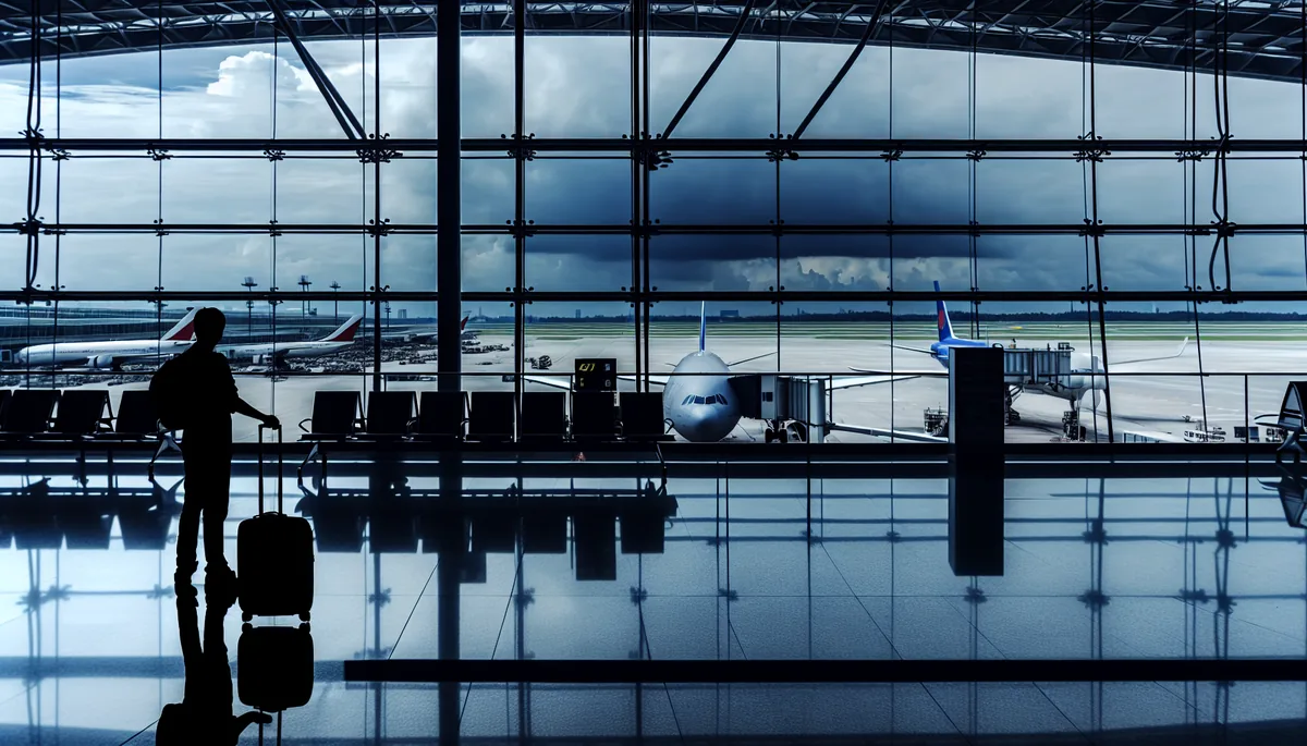 Silhouette of a traveler standing alone at an airport terminal window, looking out at planes on the runway under a cloudy sky