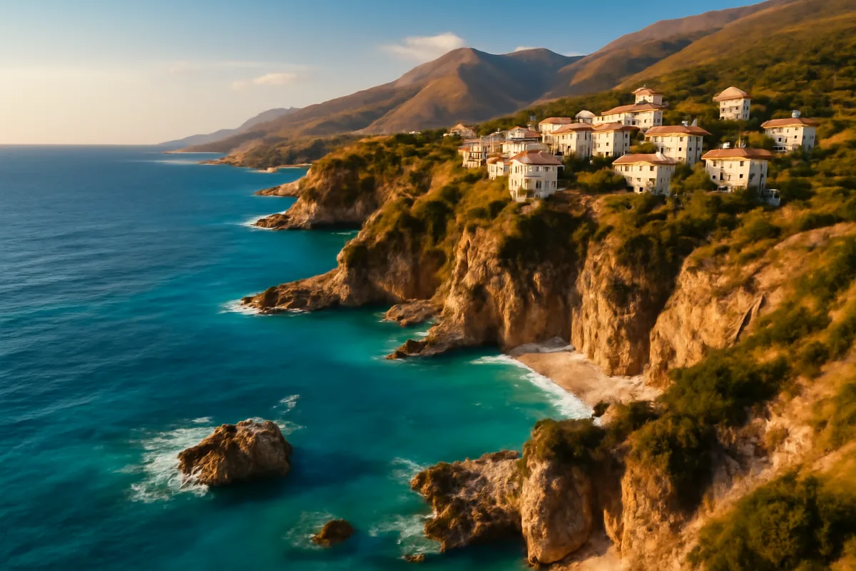 Scenic Albanian Riviera coastline featuring turquoise waters, limestone cliffs, and a traditional whitewashed hillside village bathed in golden hour light