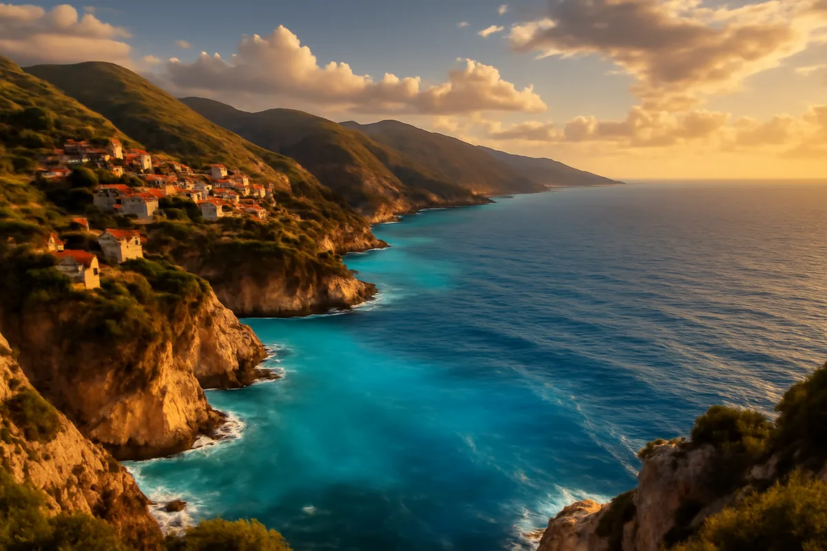 Panoramic view of the Albanian Riviera coastline with turquoise Ionian Sea waters, dramatic cliffs, and traditional hillside villages bathed in golden hour light