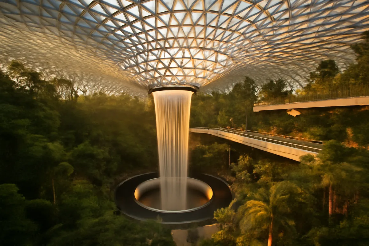 Aerial view of Singapore Changi Airport's iconic glass-domed terminal with lush tropical indoor garden bathed in golden light