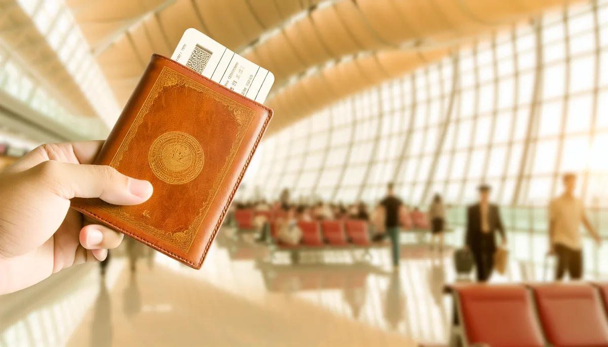 Hands holding a passport and boarding passes at an airport terminal with soft natural lighting and travelers in the background