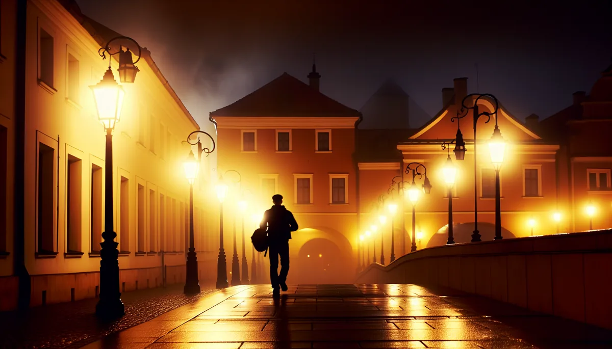 Atmospheric evening street scene showing a traveler's silhouette walking through a European city with historic buildings and warm street lighting
