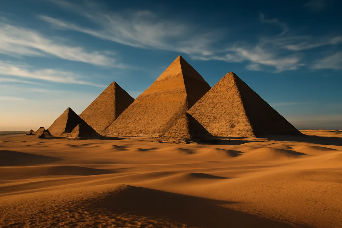 The iconic pyramids of Giza bathed in warm golden afternoon light, surrounded by desert sands under a clear blue sky